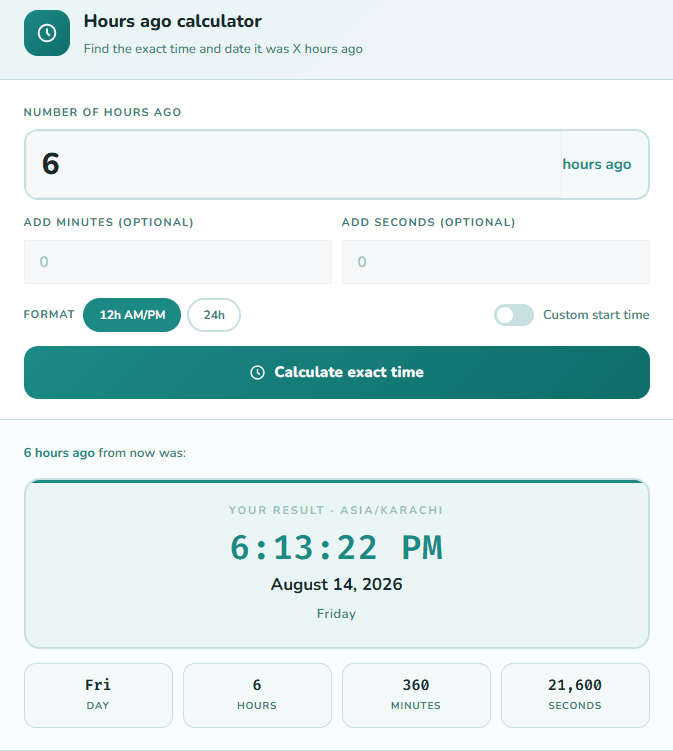 Hours Ago Calculator showing 6 hours ago result 6:13 PM August 14 2026