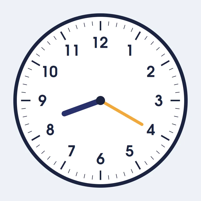 aat okuma alıştırması için 8:20'yi gösteren analog saat