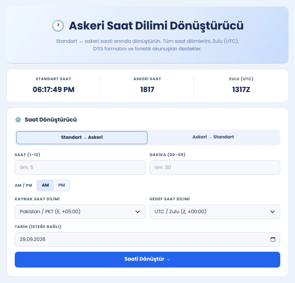 Standart saati askeri saate çeviren askeri saat dilimi dönüştürücü aracı