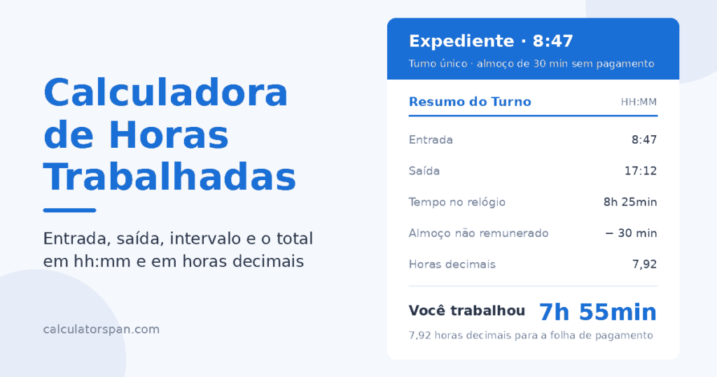 Calculadora de horas trabalhadas mostrando um turno das 8:47 às 17:12 com 30 min de almoço, total de 7h 55min trabalhadas