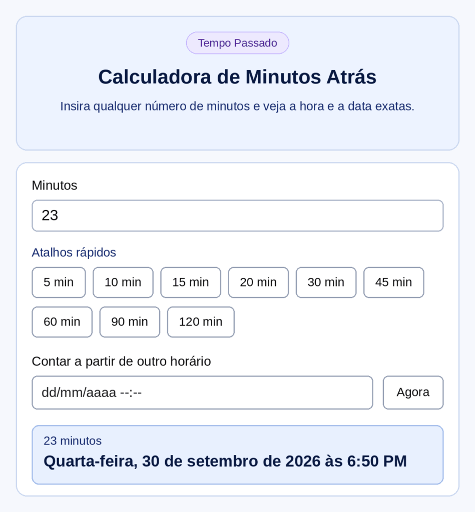 Calculadora de minutos atrás mostrando 23 minutos atrás