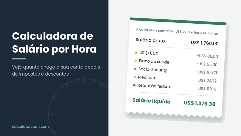 Calculadora de salário por hora mostrando salário bruto de US$ 1.760 e líquido de US$ 1.376,38