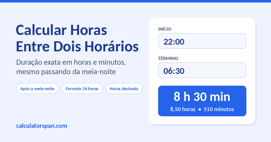 Calcular horas entre dois horários: 22:00 às 06:30 dá 8 horas e 30 minutos