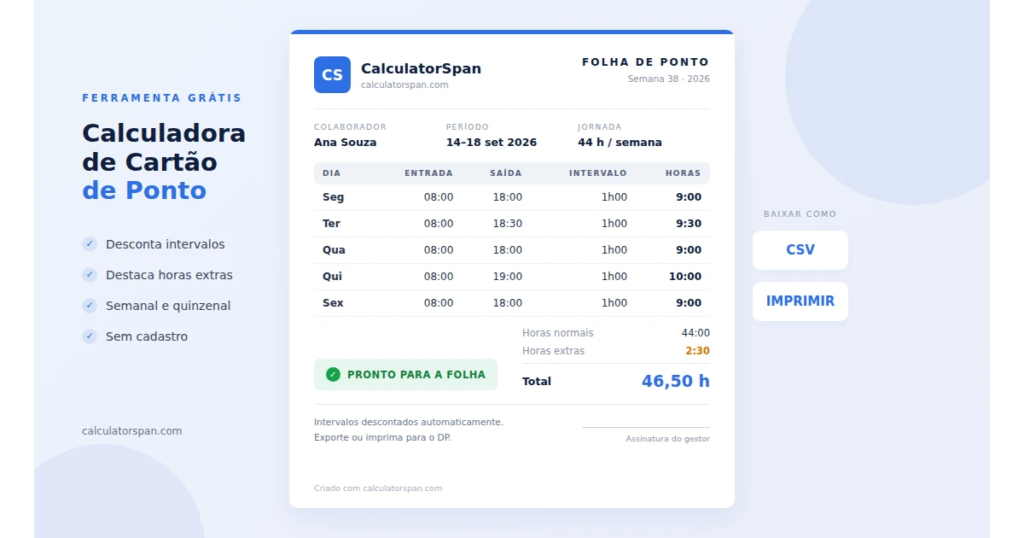 Calculadora de cartão de ponto grátis com folha de ponto semanal e horas extras