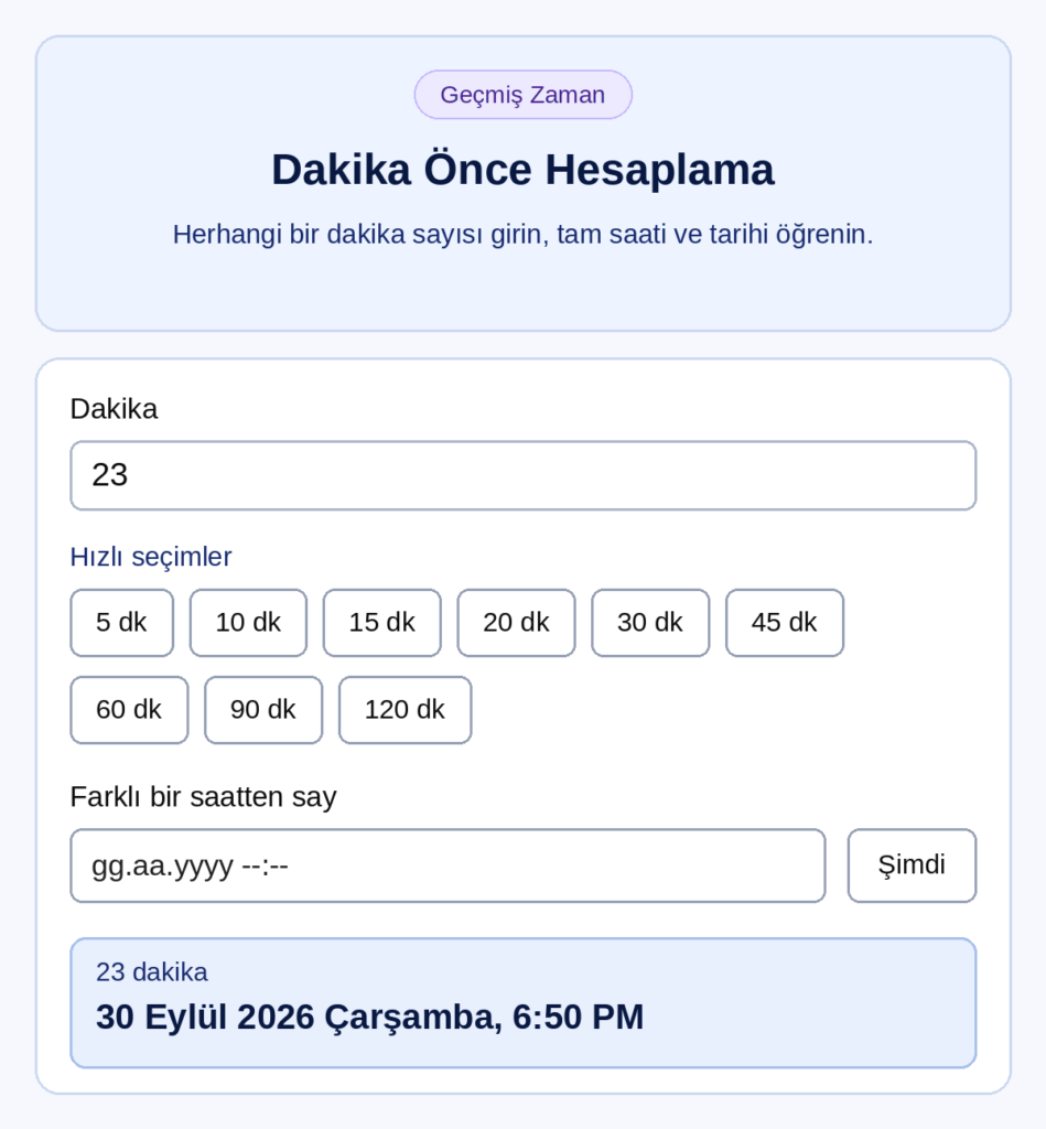 23 dakika önceyi gösteren dakika önce hesaplama aracı