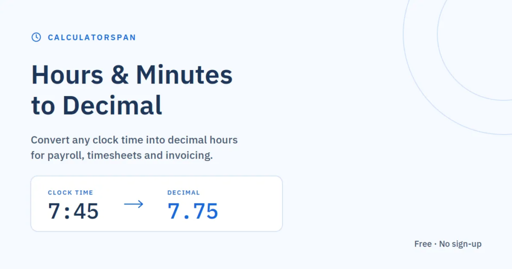Time to Decimal Calculator: Hours & Minutes to Decimal Hours 1 Hours and minutes to decimal calculator showing 7:45 converted to 7.75 decimal hours
