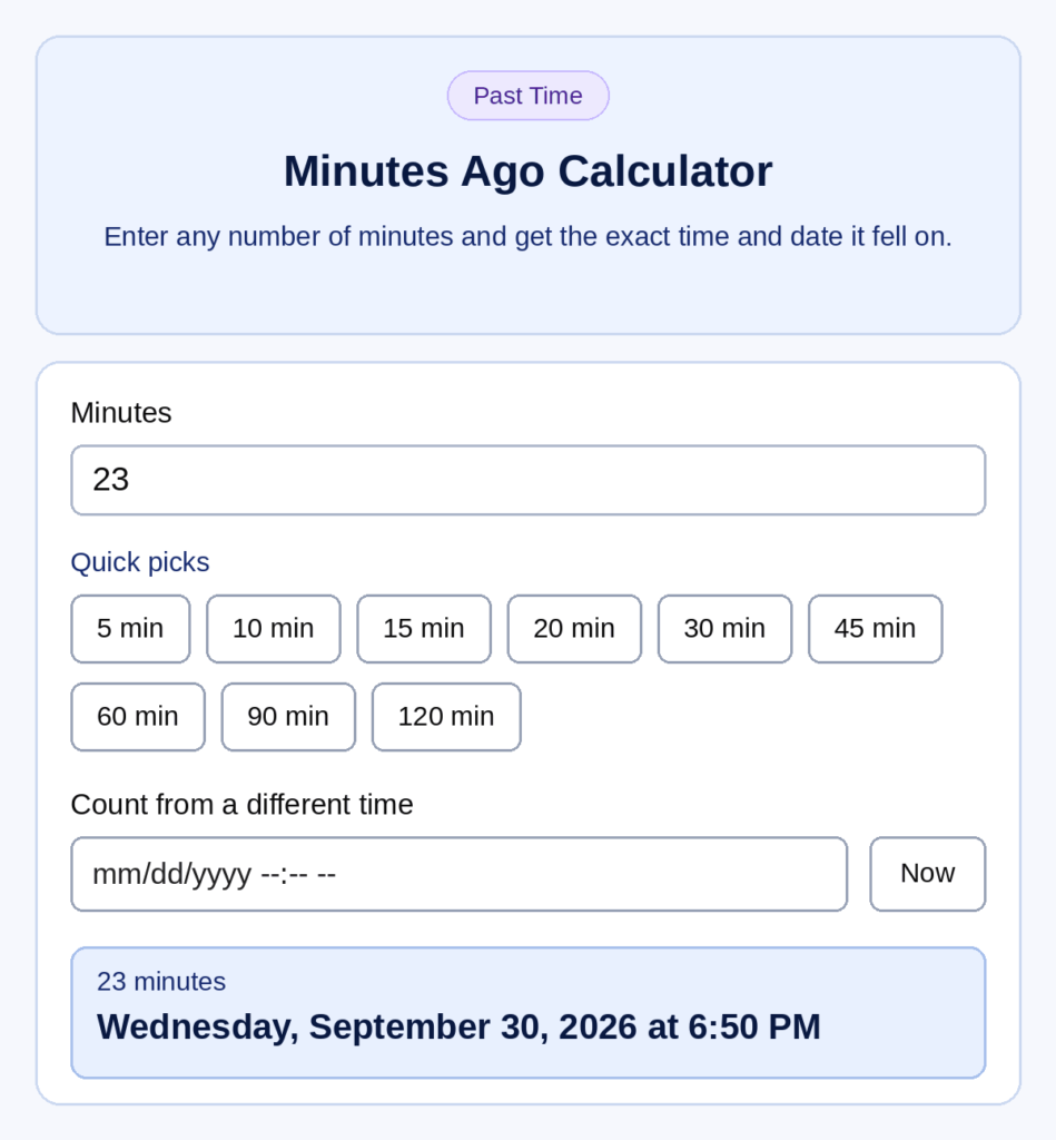 Minutes ago calculator showing 23 minutes ago