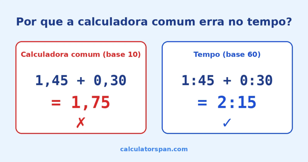 Calculadora de tempo: base 10 dá 1,75 enquanto base 60 dá o resultado correto 2:15