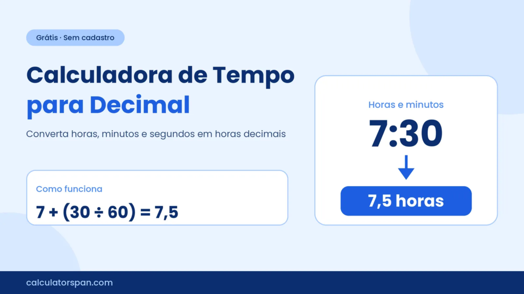 Converter horas em decimal com a calculadora de tempo para decimal, convertendo 7:30 em 7,5 horas