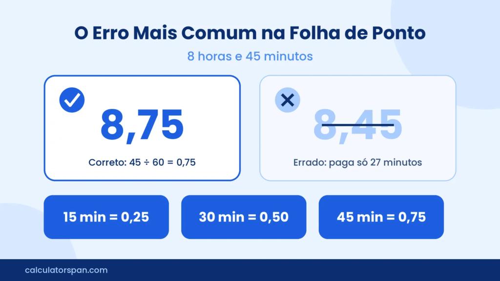 8 horas e 45 minutos em decimal é 8,75, não 8,45