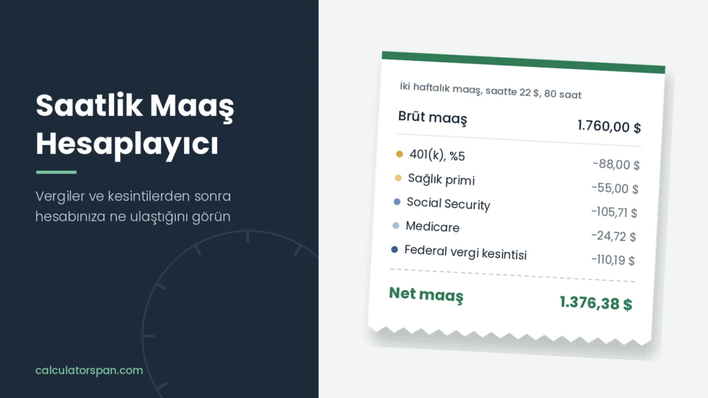 Saatlik net maaş hesaplama örneği: 1.760 $ brüt maaştan 1.376,38 $ net maaş