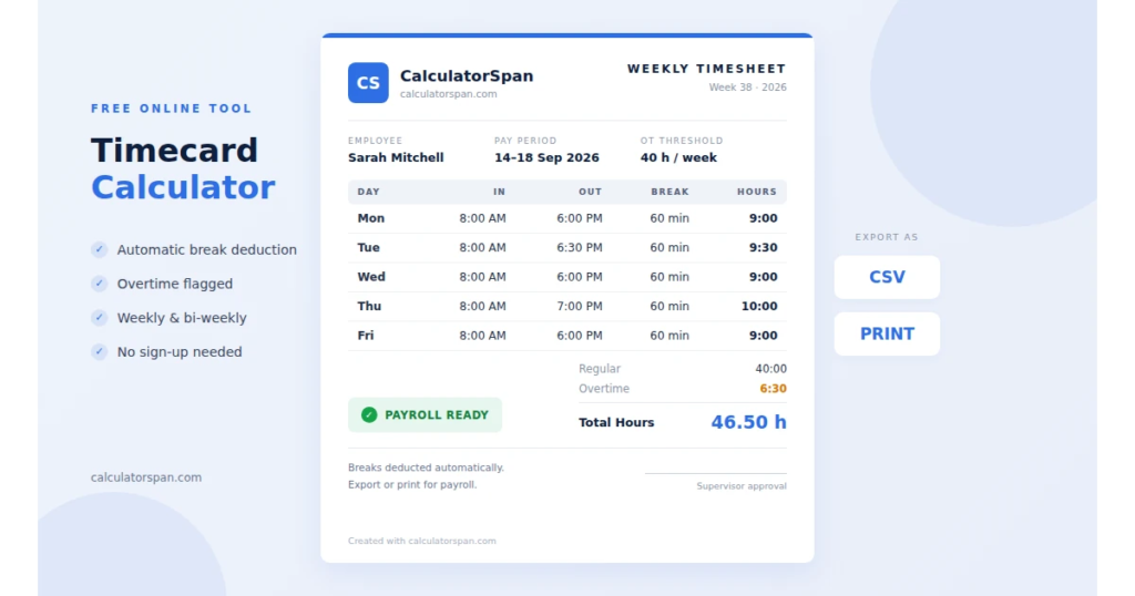 Free Timecard Calculator: Weekly & Bi-Weekly Timesheets 1 Free timecard calculator showing a weekly timesheet with overtime hours