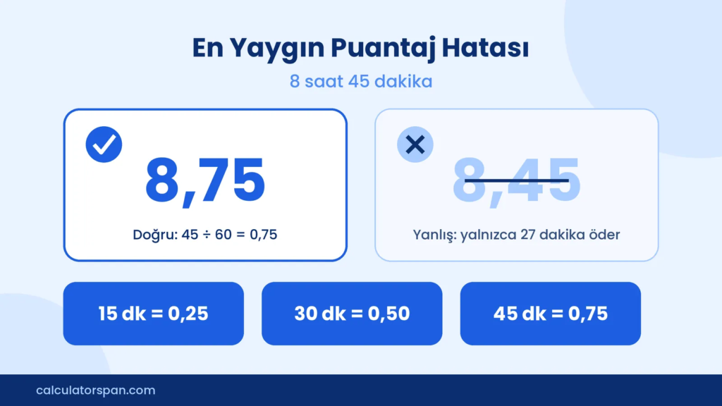 8 saat 45 dakika ondalık olarak 8,75'tir, 8,45 değil