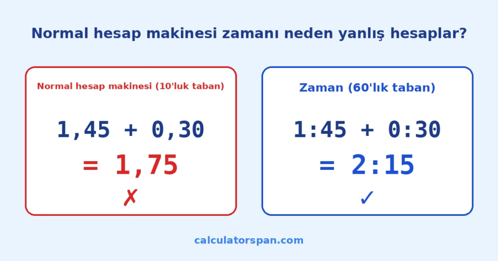Zaman Hesaplama: Saat, Dakika ve Saniye Ekle veya Çıkar 2 Zaman hesaplama: 10'luk taban 1,75 verirken 60'lık taban doğru sonuç 2:15 verir