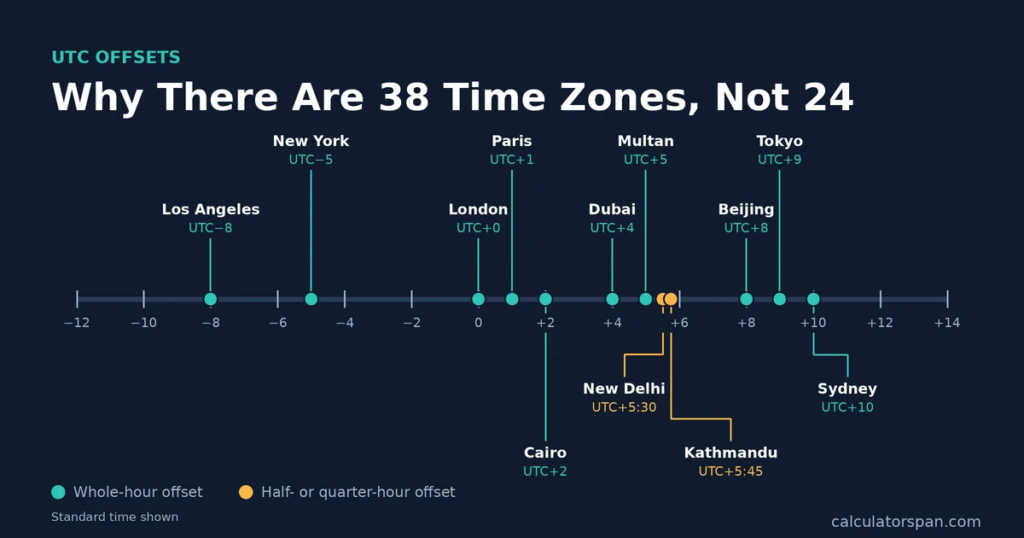 time zone converter UTC offset chart showing 38 time zones