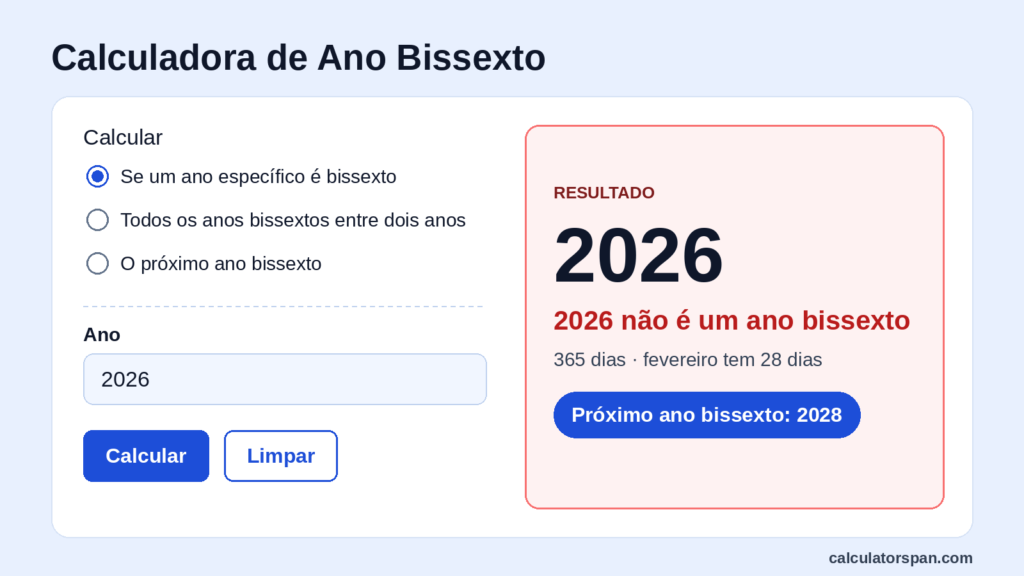 Calculadora de ano bissexto mostrando que 2026 não é bissexto e o próximo é 2028