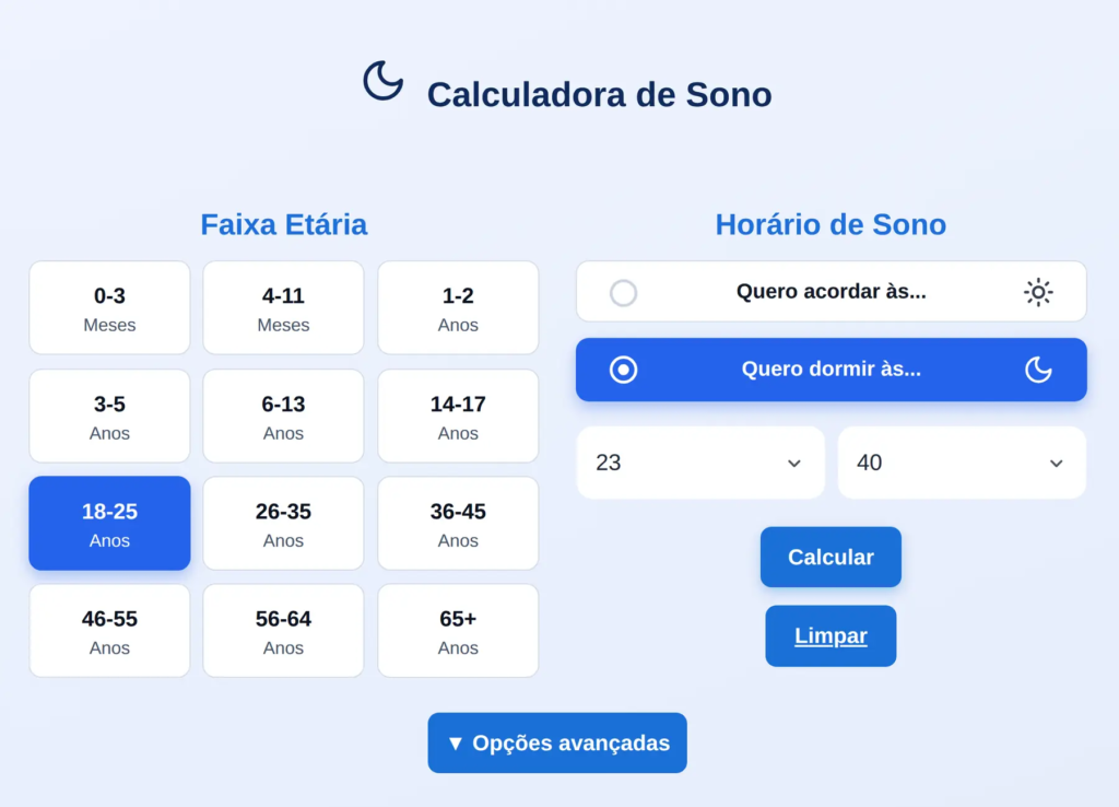 Calculadora de sono com faixa etária e horário de dormir