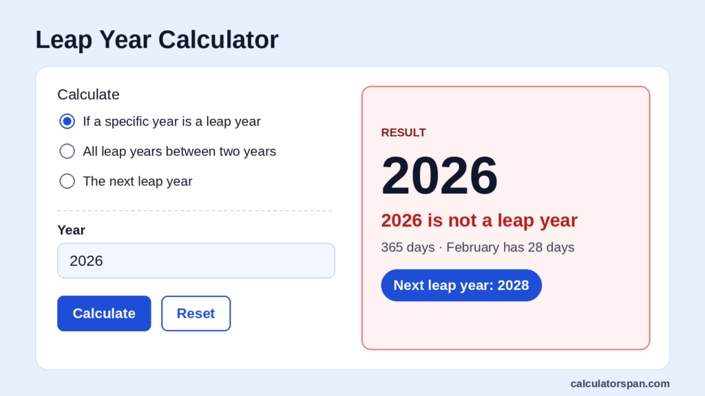 Leap year calculator showing 2026 is not a leap year and the next leap year is 2028