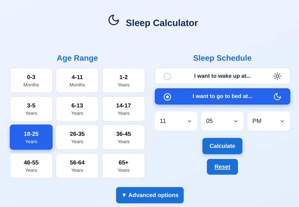 Sleep calculator tool with age range and bedtime options