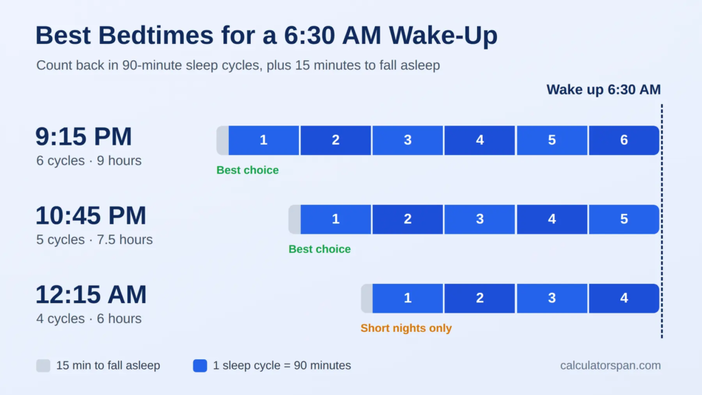 Sleep cycle chart showing best bedtimes for a 6:30 AM wake-up