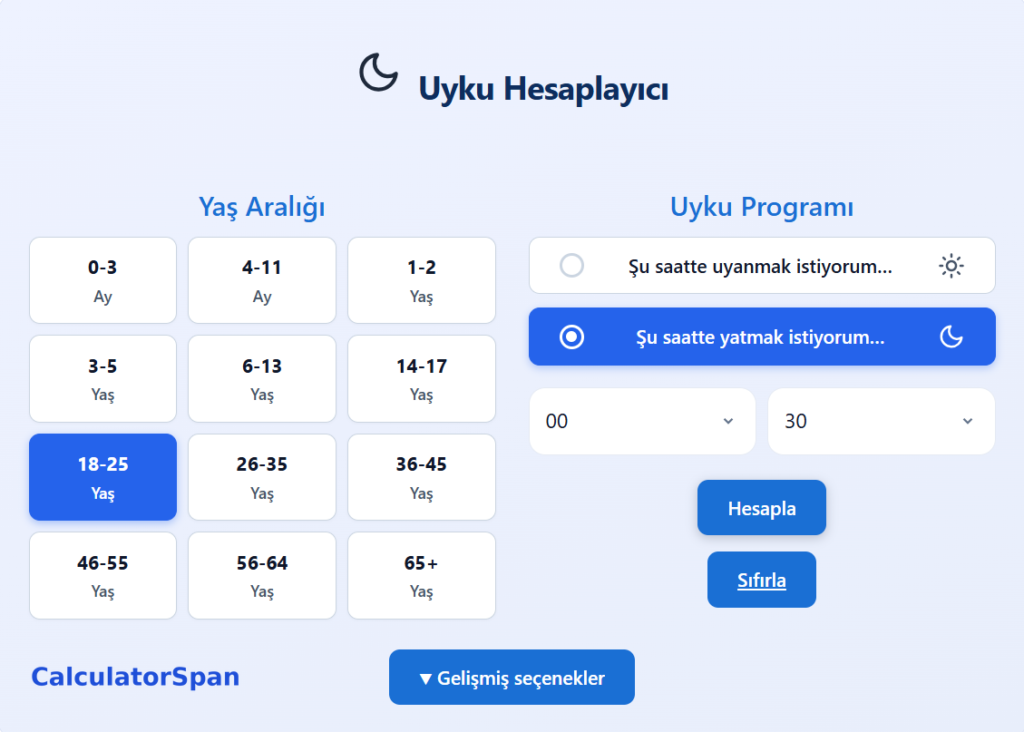 Uyku hesaplayıcı aracı: yaş aralığı seçimi ve yatma veya uyanma saatine göre uyku programı